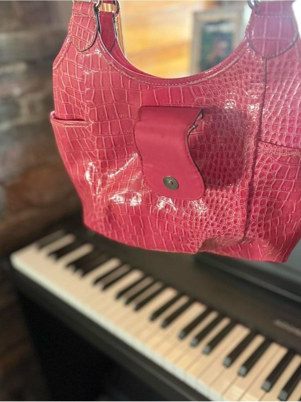 Red Croc-Embossed Shoulder Tote - Women Bags - Picture 3 of 4